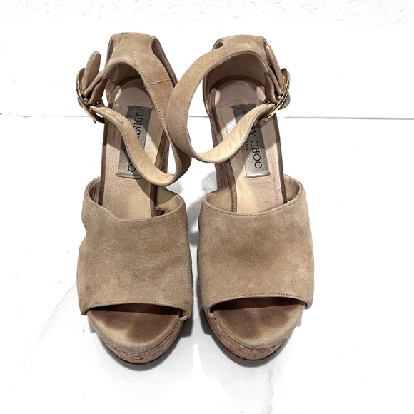 Jimmy Choo Beige Suede Platform Sandals - Picture 1 of 9